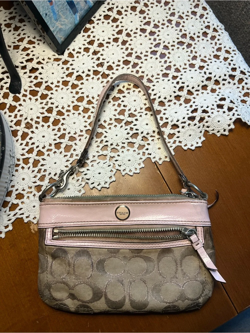 Coach Taupe Signature Jacquard Wristlet with Pink Trim